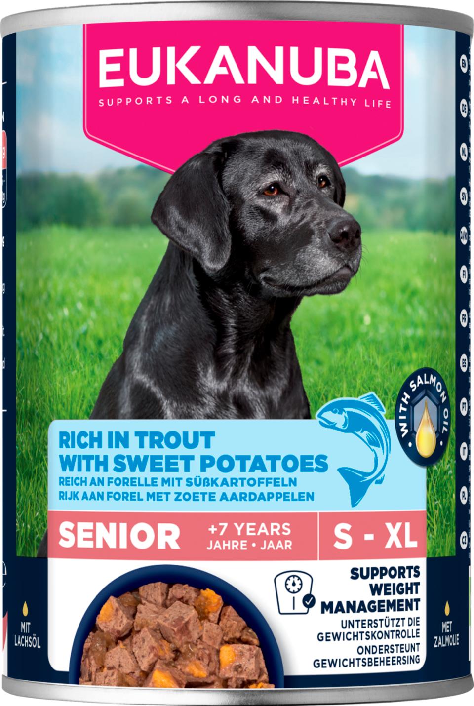 EUKANUBA wet food for senior dogs, rich in trout with sweet potatoes