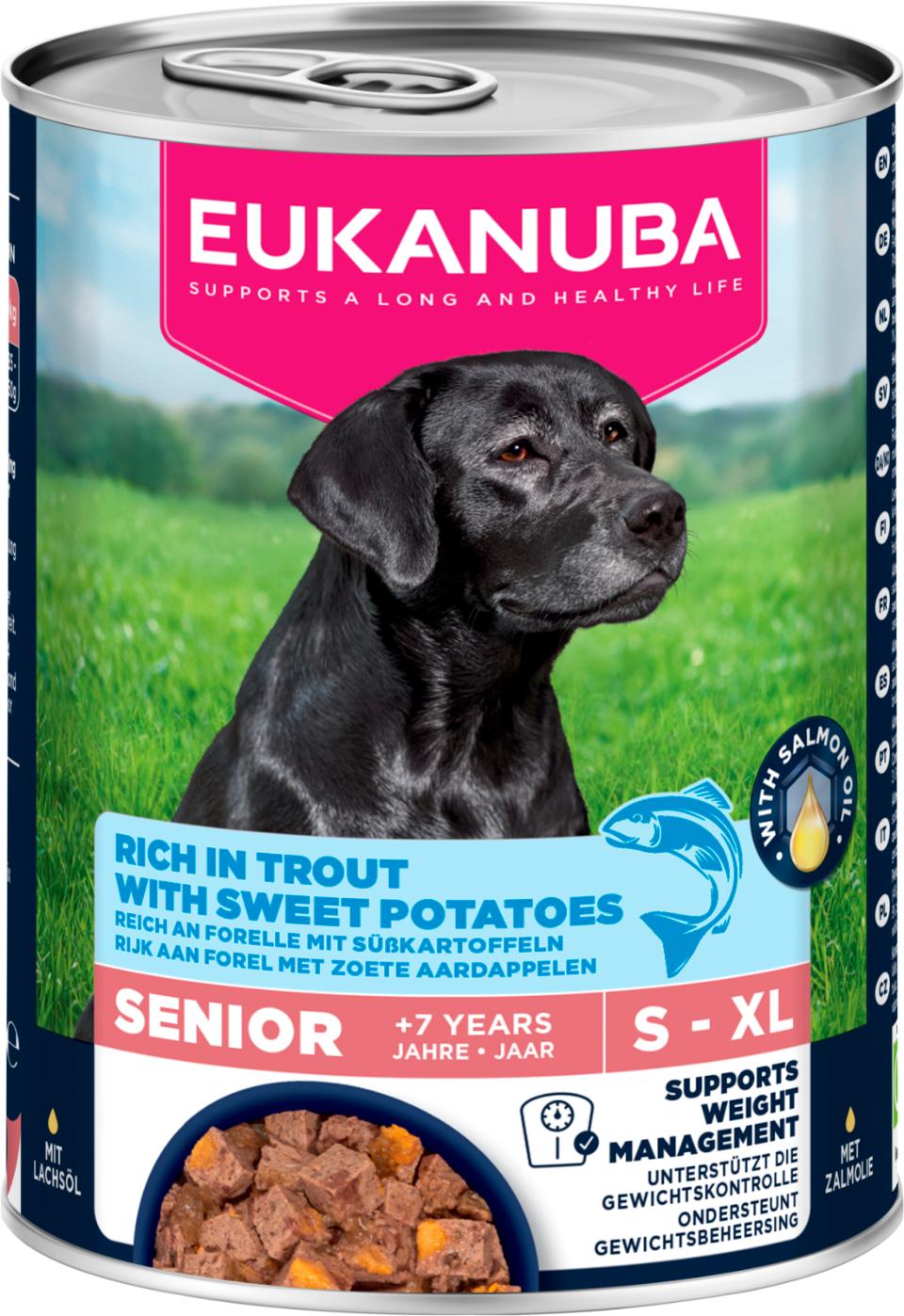EUKANUBA wet food for senior dogs, rich in trout with sweet potatoes